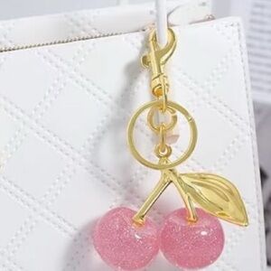Pink Glitter Cherry Bag Charm/Keychain with Gold Hardware